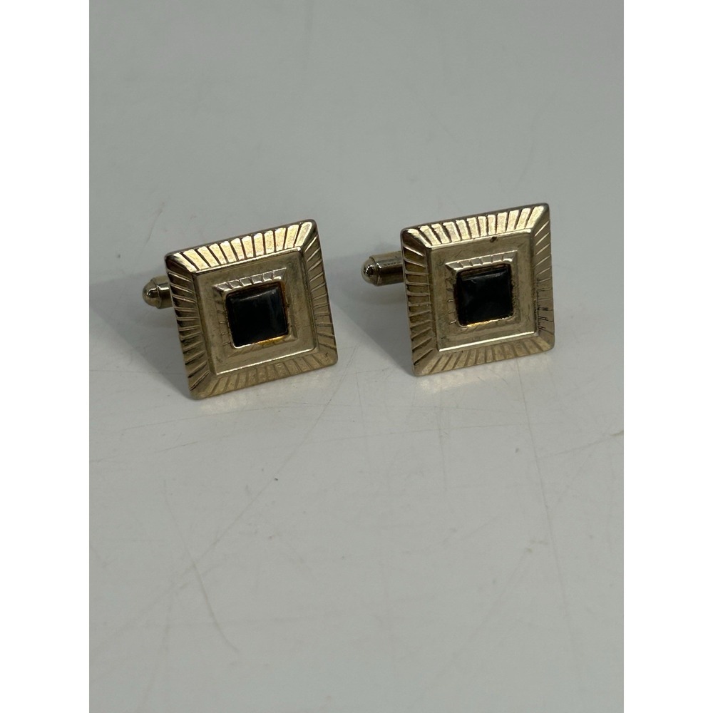 Vintage Black Stone Square Gold Tone Cufflinks